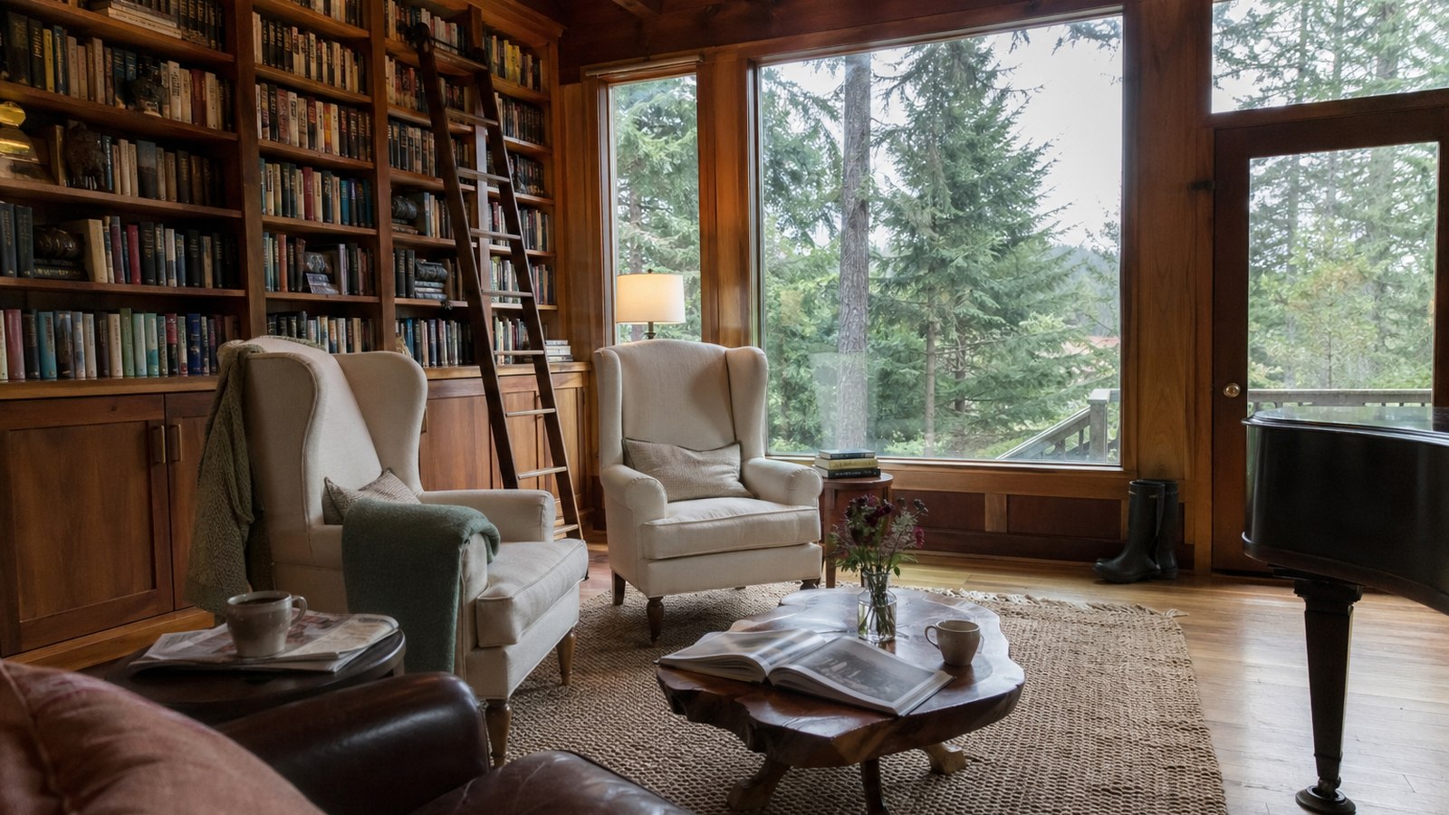 Sunlit library lounge at the Lynnwood community
