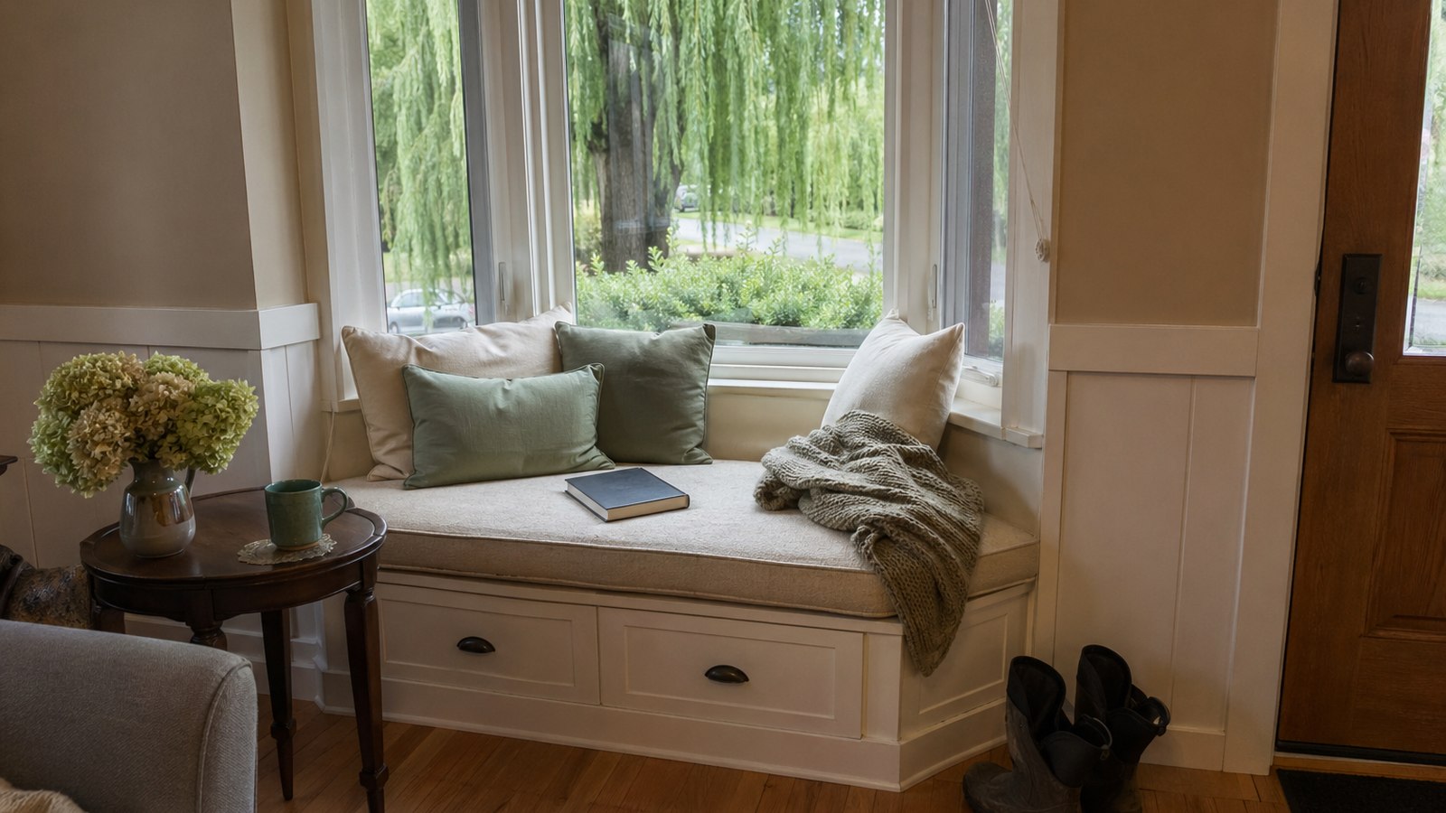 Bay-window reading nook in the Seattle home